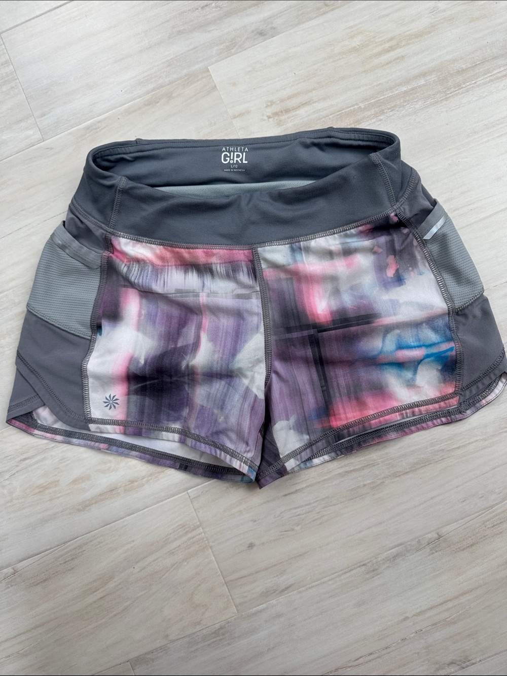 Athleta Girl Gray Shorts with Pink & Purple Tie-Dye Panels